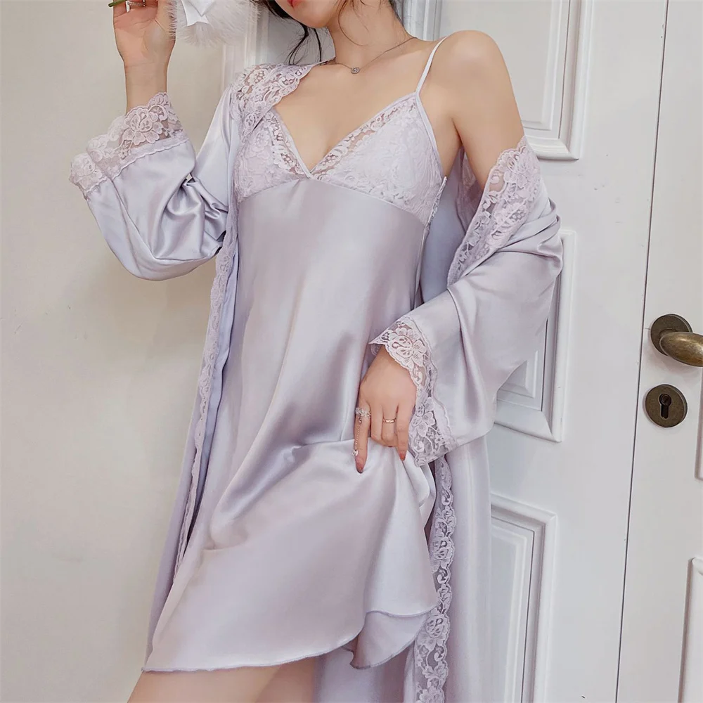 

Female Nighty&Robe Suspender Nightdress Sleepwear Two Piece Set Sexy Patckwork Lace Bathrobe Nightgown Casual Rayon Home Wear
