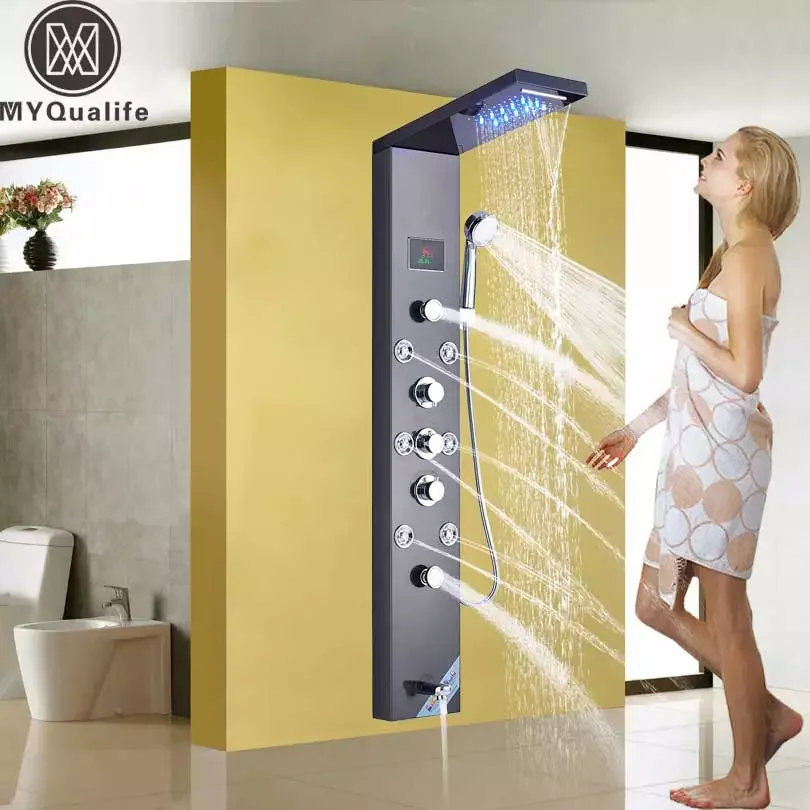

Black Stainless Steel Rain Waterfall Shower Panel Wall Mounted SPA Massage System Shower Column Kit with Jets