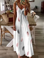 2022 new womens sleeveless slim fit feather print low cut v neck suspenders long dress summer casual commuting dresses lady