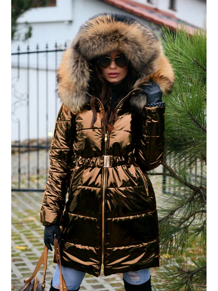 2022 Winter Women's Trendy Waist-Tight Mid-Length Parkas Coat Big Fur Collar Hooded Glossy Fashionable Warm Jacket