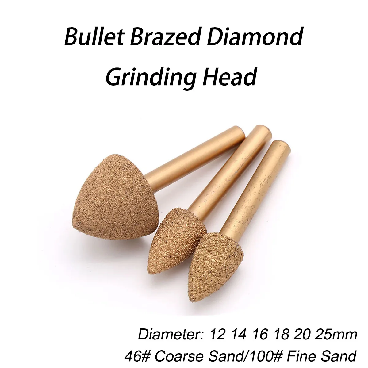 

1Pc 46# Coarse Sand/100# Fine Sand Brazed Diamond Grinding Head Diameter 12 14 16 18 20 25mm for Peeling and Carving