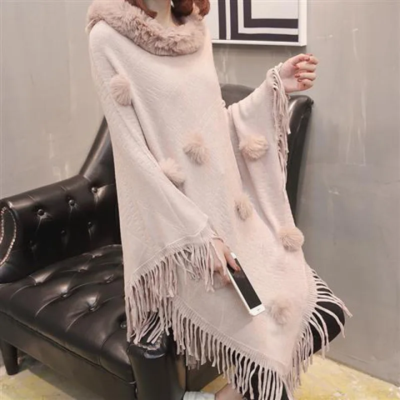 Autumn Winter Imitation Rabbit Fur Ball Women's Coat Imitation Wool Collar Pullover Shawl Warmth Poncho Capes Red Cloaks images - 6
