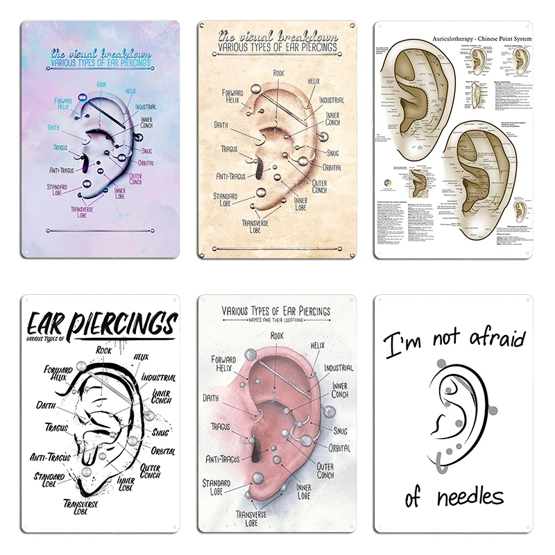 Инфографическая таблица для пирсинга ушей черно-синяя металлическая вывеска