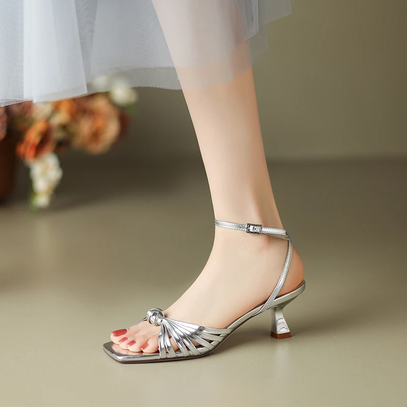 Women's Knotted Dress Sandals Square Toe Strappy Shoes Silver Beige Purple Kitten Heels