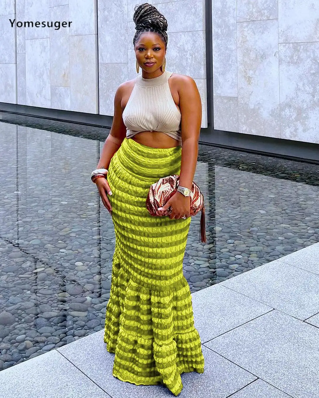 

Yomesuger Popcorn Texture Ruffles Hem Maxi Skirt Women Hipster High Waisted Mermaid Skirts 2023 Female Bottoms Y2K Streetwear