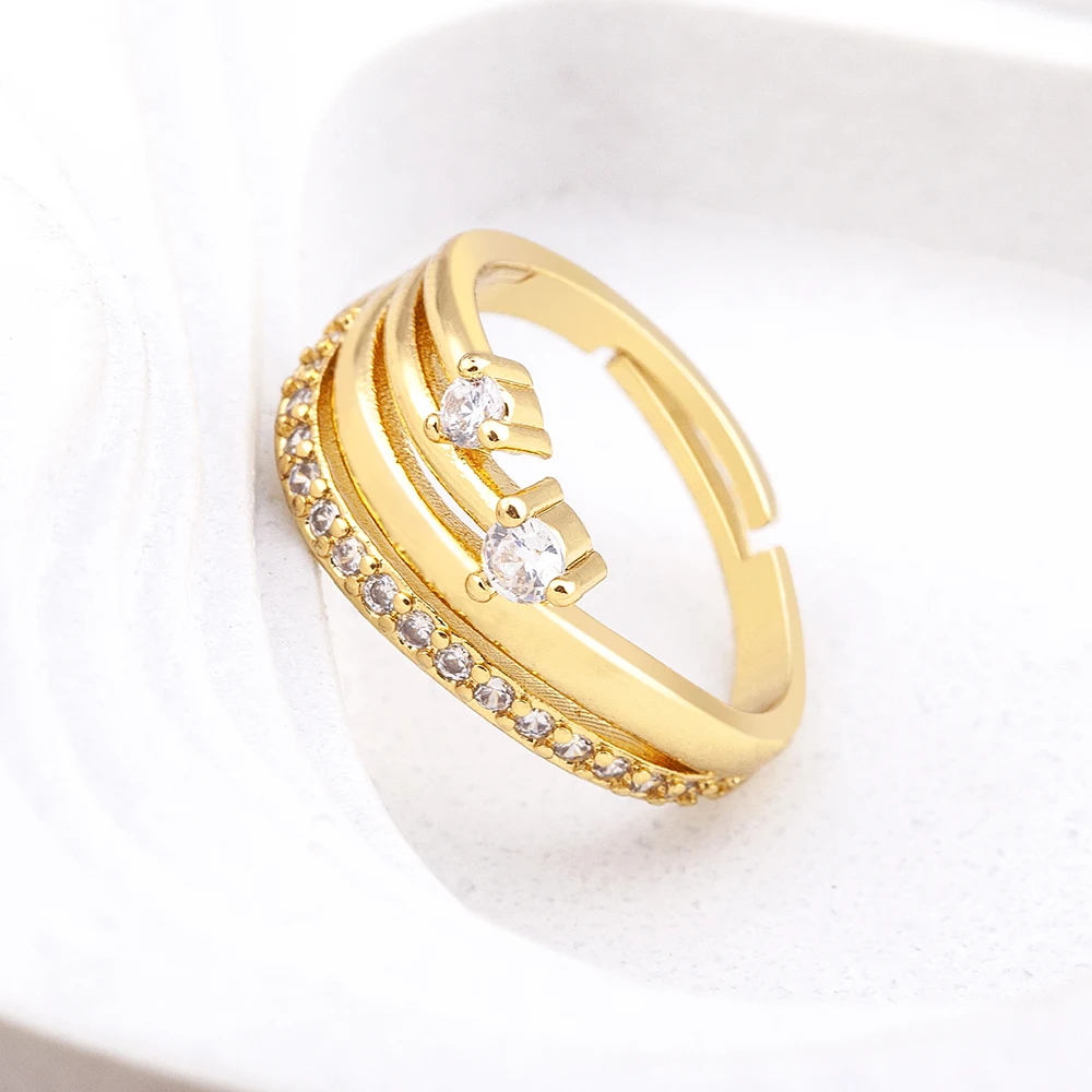 Светлый роскошный дизайн геометрического трехслойного блестящего кристаллического медного циркона открывающееся регулируемое кольцо женский классический ювелирный подарок на свадьбу