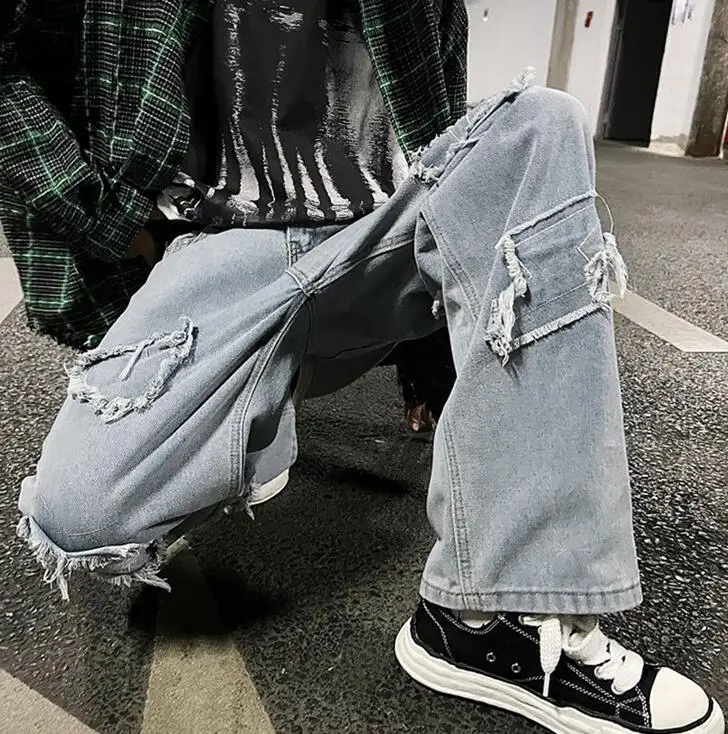 Men's Jeans Retro Big Hole Jeans Men's Loose Big Pocket Straight Pants
