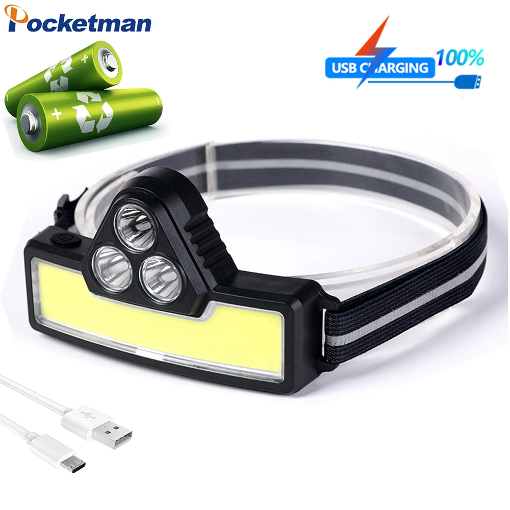 

Pocketman 3 LED+COB Headlamp 3 Switch Modes USB Rechargeable Headlamps Outdoor Waterproof Headlight with Built-in Battery