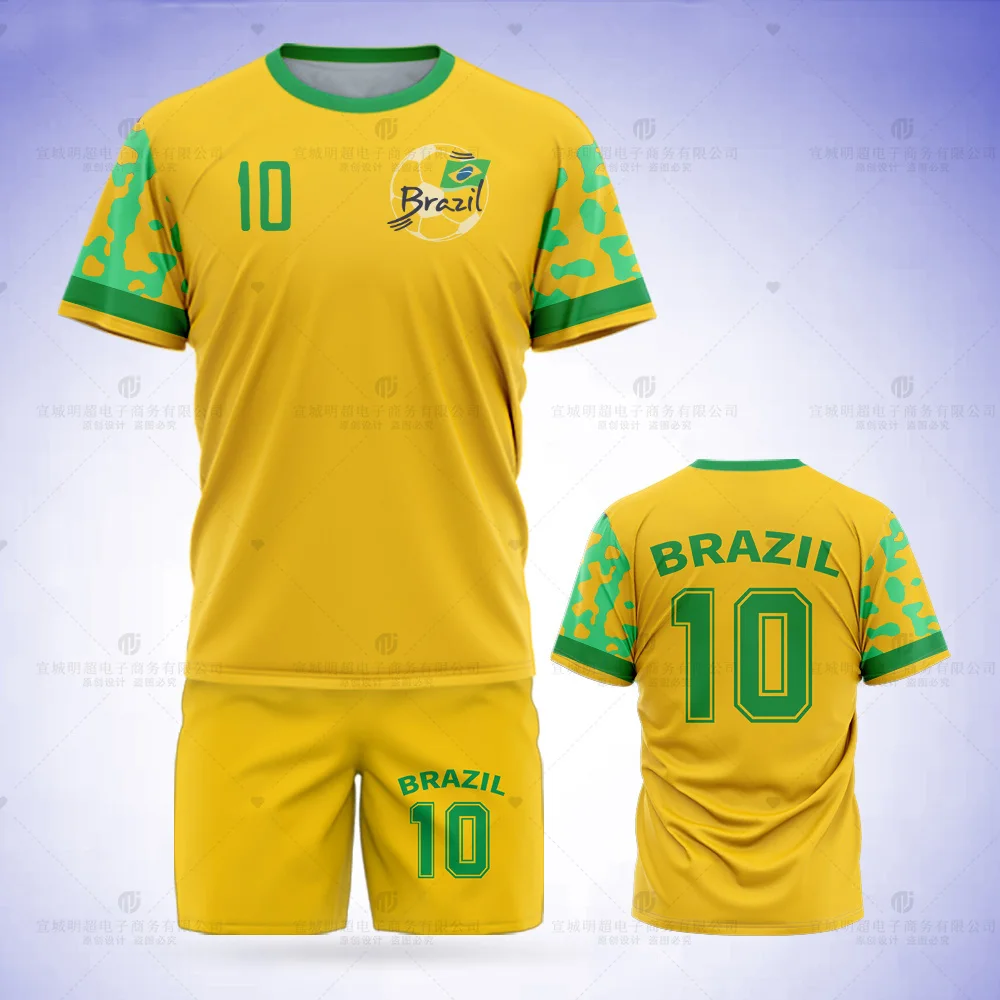 2023 Summer New Brazilian Football Printed T-shirt Set, Flag Printed Shorts, Yellow Tennis Jersey, Team Uniform