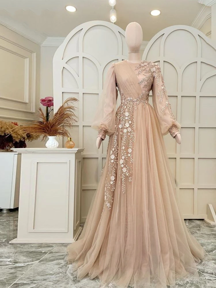 

Haute Couture Elegant Champagne Muslim Formal Dress A-Line Tulle Long Sleeve Beads Moroccan Caftan Muslim Evening Party Gowns