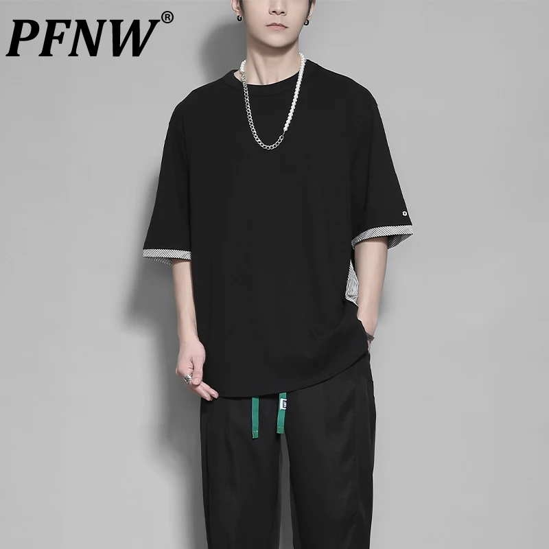 

PFNW Spring Summer Men's Darkwear Stripe Stitching Fake Two-piece T-shirt Trendy Tops Fashion Sports Cool Streetwear Tee 12A8546
