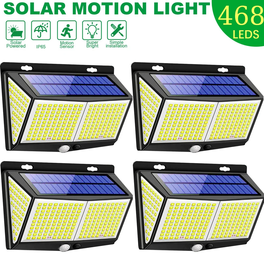 Solar Sensor Lights PIR Motion Sensor Lamp 468LED Outdoor IP65 Waterproof for Porch Garden Patio Yard Garage Pathway with 3 Mode