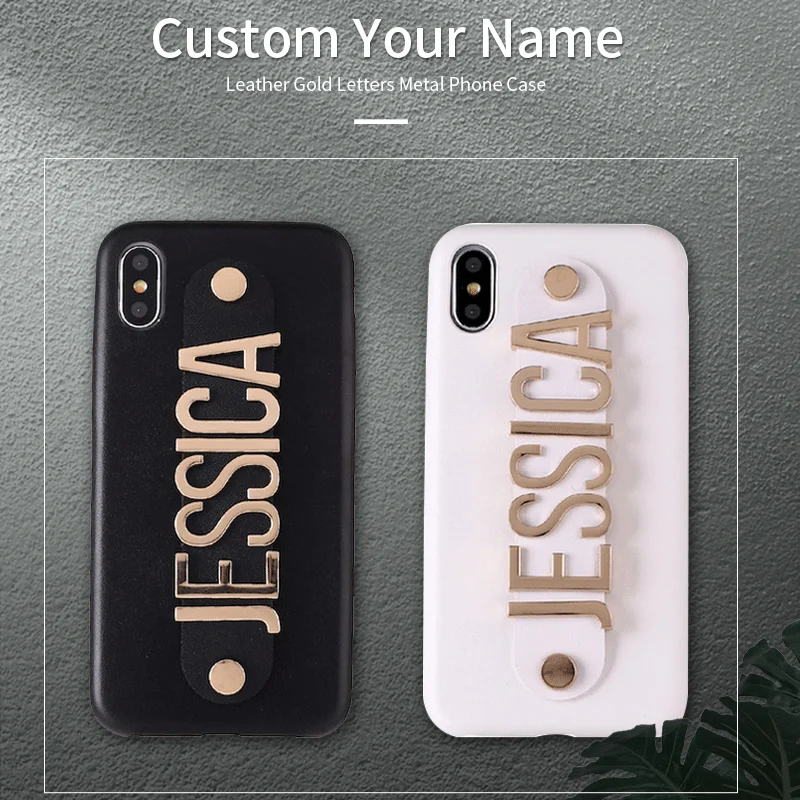 

Custodia in pelle di lusso con nome personalizzato lettere in metallo dorato Cover per telefono personalizzata per iPhone 13 12