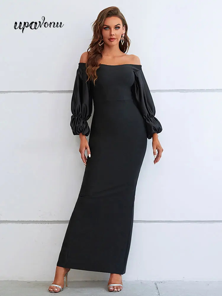 

Сексуальное женское Бандажное платье, летнее сатиновое облегающее Платье макси с одной линией воротника и рукавами-фонариками, модное вечернее платье знаменитости, женское платье