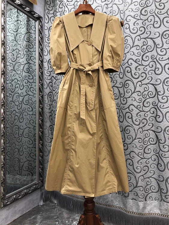 

2022 new women fashion bubble short-sleeved lapel solid color belt slim trench coat mid-length dress 415
