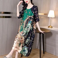 2022 green print mulberry silk midi dress summer new elegant loose waist plus size dress women korean vintage casaul party dress