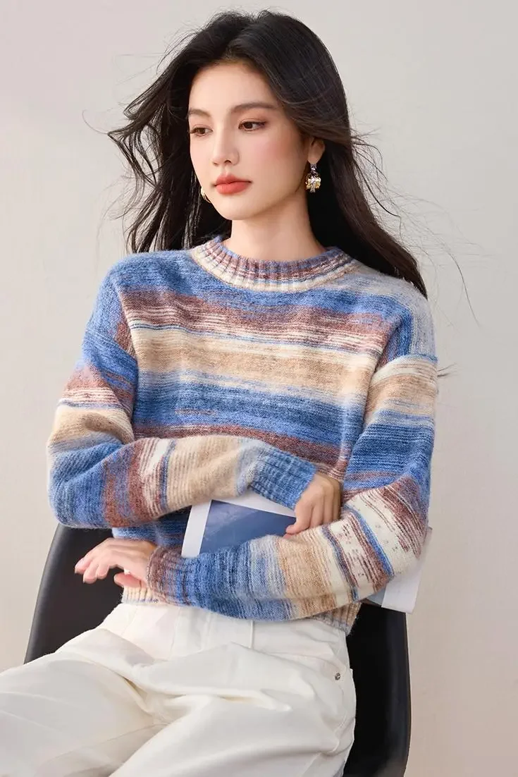 Градиентный свитер с круглым вырезом женский осенне-зимний винтажный трикотаж