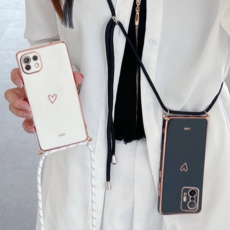 Love Heart Crossbody Lanyard Strap Plating Phone Case For Xiaomi Mi 11T Pro 9 10 Mi 11 Lite Mi11 11lite 11 T 10T 12T Pro Cover