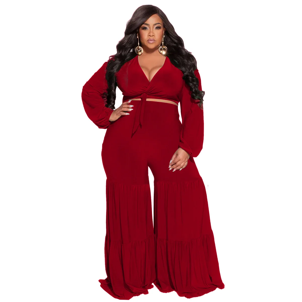 Plus Size Matching Sets Womens Tracksuit Set Solid Long Sleeve V-Neck Lace Up Elastic Waist Slim Office Lady Clothes for Women