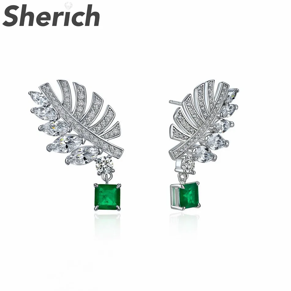 

Sherich Feather Green Princess Square High Carbon Diamond S925 Sterling Silver Personalized Drop Earrings Women's Brand Jewelry