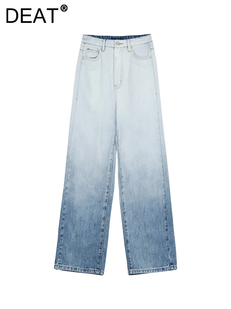 

DEAT Women's Jeans High Waist Gradient Blue Full Length Straight Loose Wide Leg Denim Pants 2023 Autumn New Fashion 29L2627
