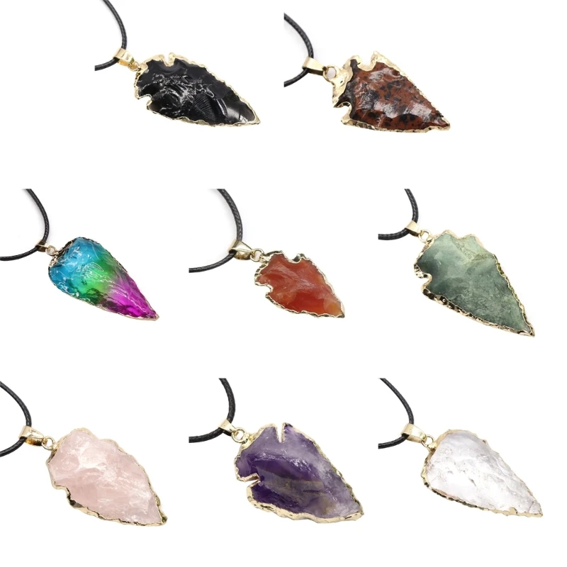 

41XF Pointed Healing Crystal Pendant Necklace Adjustable Ropes Arrowheads Natural Stone Necklace Energy Charm Collar Jewelry