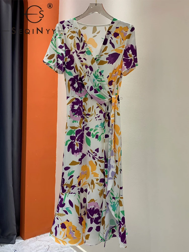 

SEQINYY Elegant Slim Dress Summer Spring New Fashion Design Women Runway High Street Vintage Flowers Draped Casual