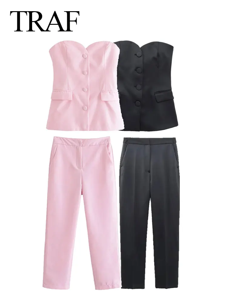 

TRAF Women's Summer Fashion Tube Top Slim Vest Suit High Waist Concealed Button Front Zipper Women's Wide-leg Casual Trousers