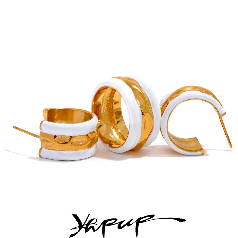 

Yhpup White Enamel Stainless Steel C Shape Round Unusual Earrings Ring Waterproof 18K Gold Color Unique Fashion Jewelry Women