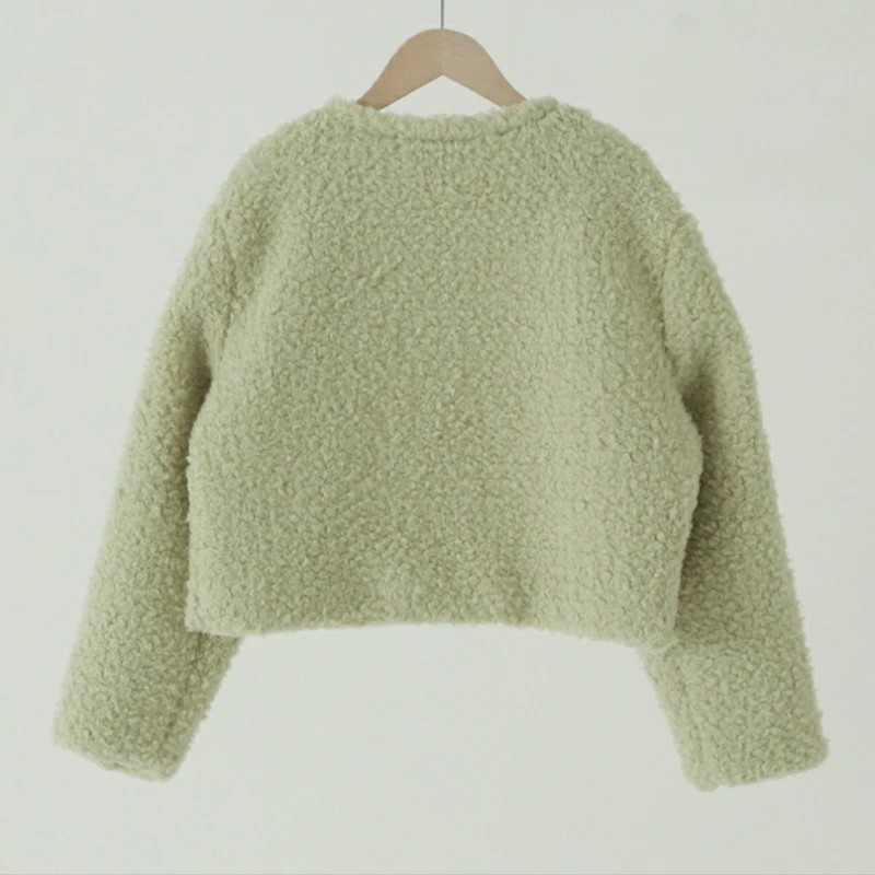 Korean Fashion Light Green Faux Fur Loose Coat Woman Single-breasted Top O Neck Long Sleeve Pocket Women Clothing Dropshipping