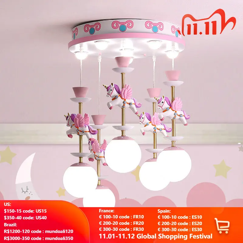 

SANDYHA Nordic Chandelier Creative LED Children's Room Cartoon Lighting Boys Girls Bedroom Dreamlike Unicorn Hanging Lightings