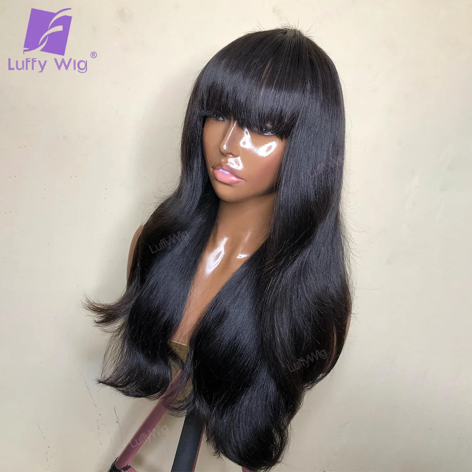 Body Wave With Bangs Wig Full Machine Made Human Hair Wig Long Natural Wavy Remy Brazilian O Scalp Top Fringe Wig For Women