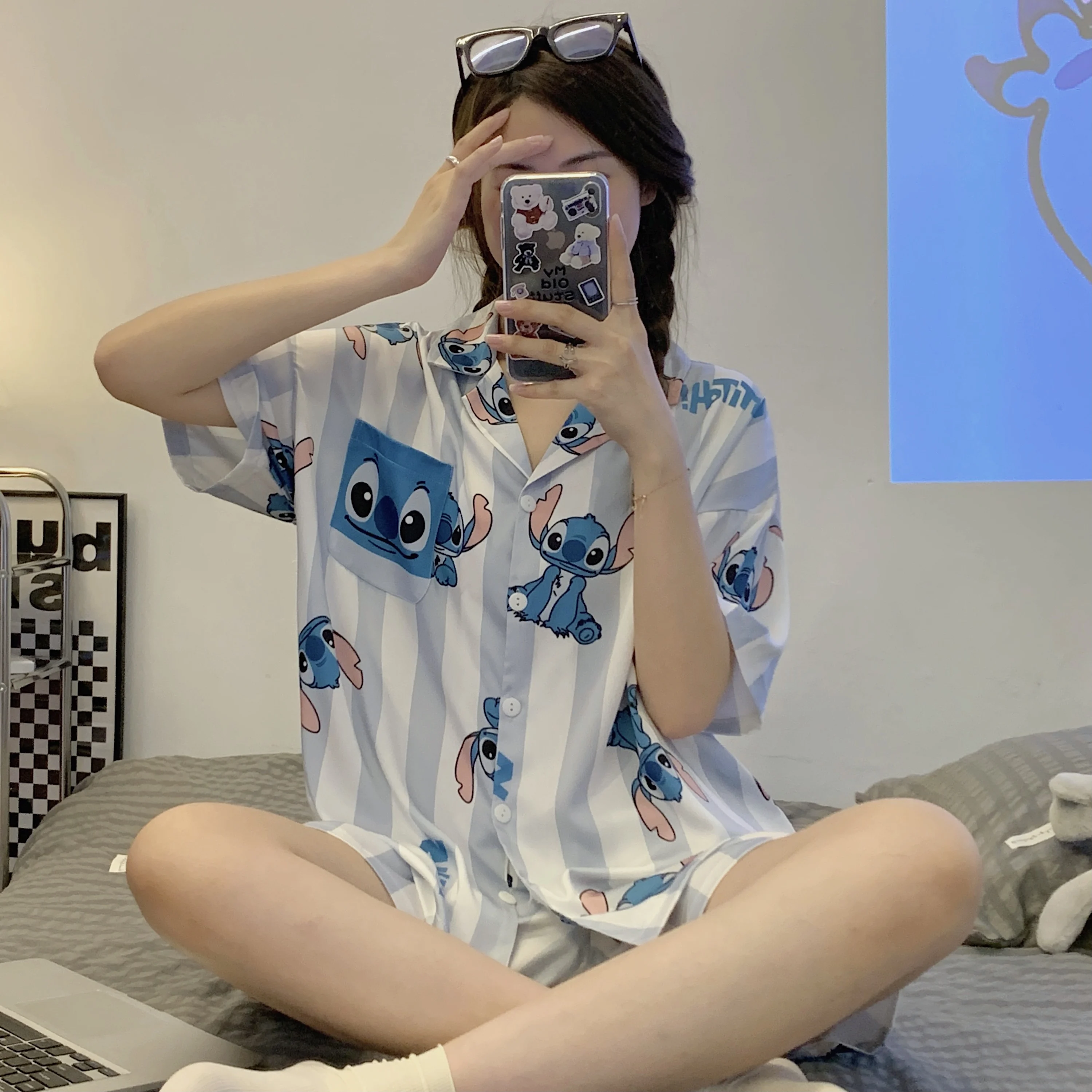 Disney Stitch Silk Pajamas Sets High-quality Luxury Women's Stain Pajama Summer Short-sleeve Cardigan Set Ice Silk Home Suit