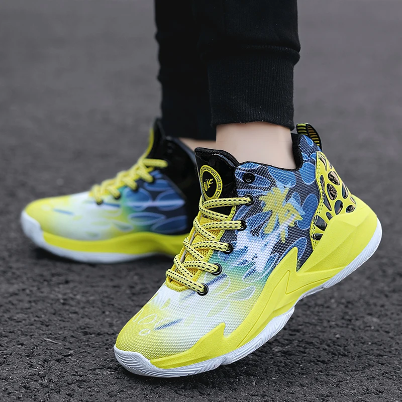 Youth Basketball Shoes Yellow Red Boys Comfortable Sneakers Basketball Training Shoes Non-Slip Sneakers Street Basketball Shoes