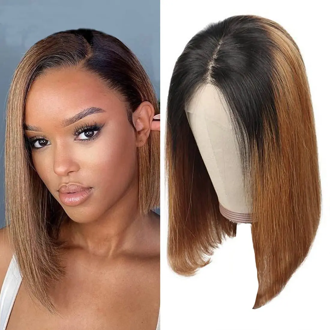 

Honey Blonde Wig Straight Bob Wig 4x4 Ombre Human Hair Wigs Brazilian Remy Hair Tow Tone Wig For Women Deep Part With Baby Hair