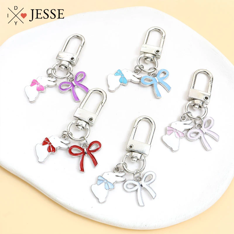 

Cute Rabbit Enamel Keychain Bowtie Bunny Drip Oil Pendant Keyring Earphone Case Bag Car Key Holder Jewelry Accessories Wholesale