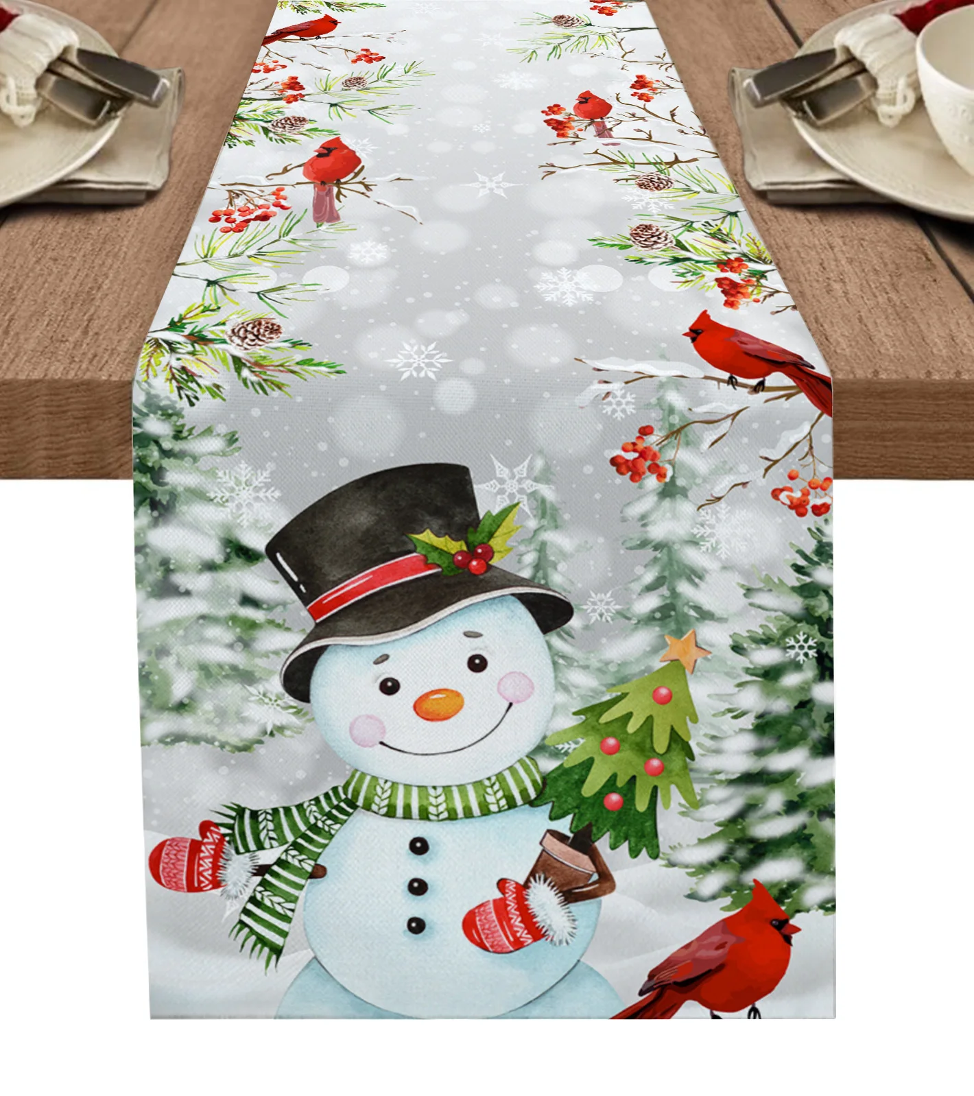 

Christmas Snowman Robin Table Runner Wedding Party Dining Table Cover Cloth Placemat Napkin Home Kitchen Decoration