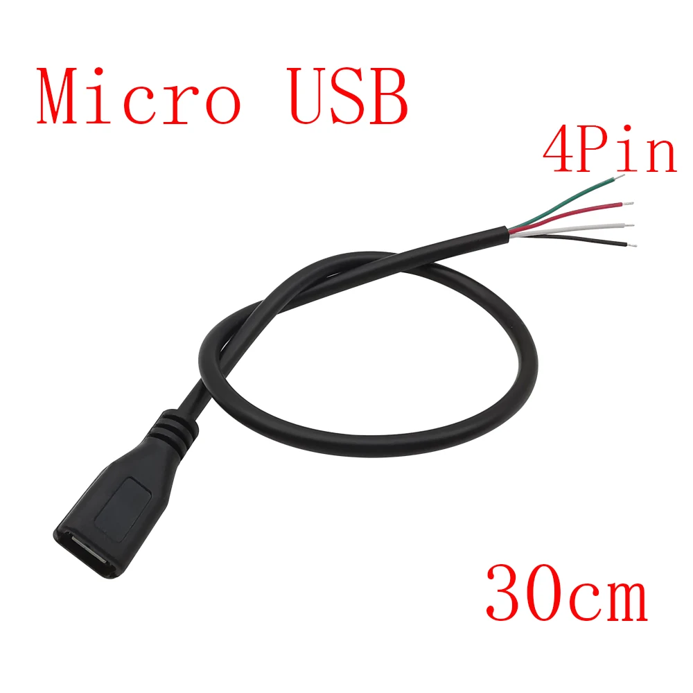 

1 / 5Pcs Micro USB Type C - гнездо с открытым разъемом кабель питания 2Pin / 4Pin адаптер кабель передачи данных 30CM / 1M