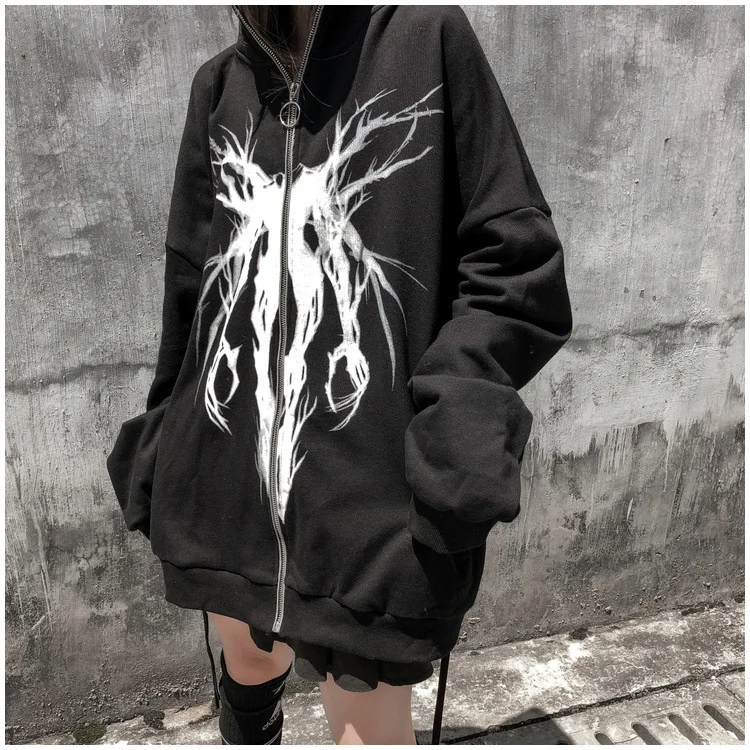 Female Autumn Winter Black Hoodies Gothic Punk Women Print Long Sleeve Hoodies Sweatshirts Casual Zipper Jacket Hooded Tops