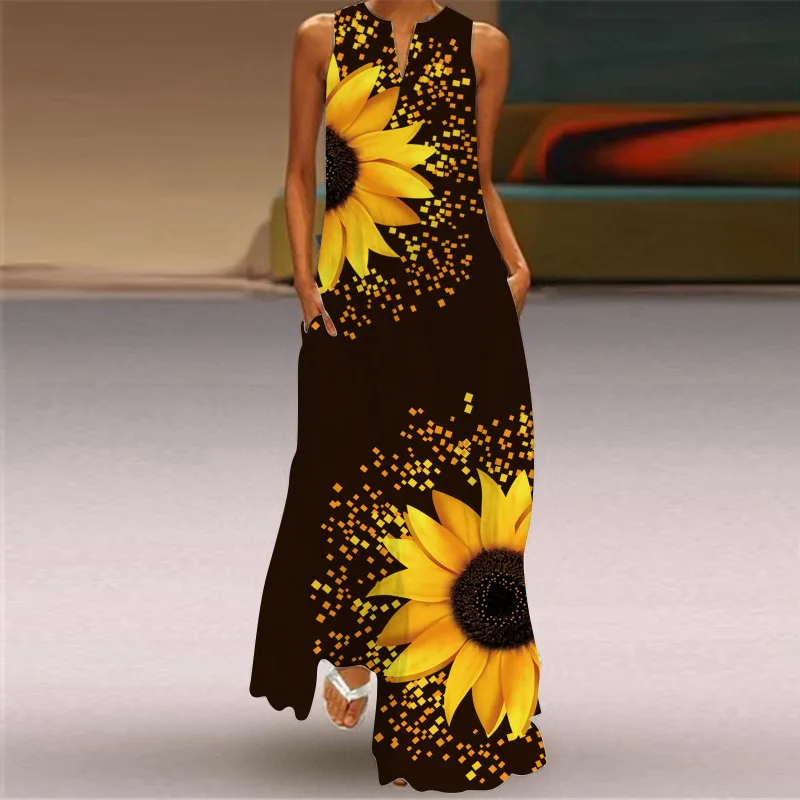 

2022 Summer Casual Sexy Fashion Printed Dress Bohemian Beach Skirt Ladies Party Dress V-neck Sleeveless Pocket Long Dress