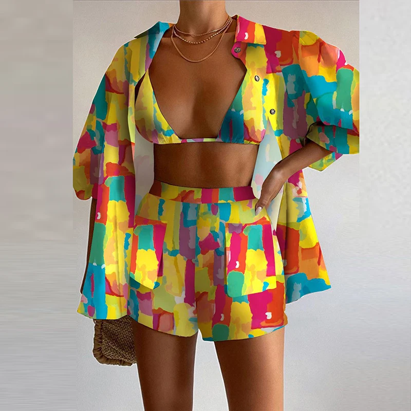

Elegant Lapel Shirt+Bra Tops+High Waist Shorts Outfits Women Pattern Print High Street 3pc Set Fashion Casual Holiday Beach Suit