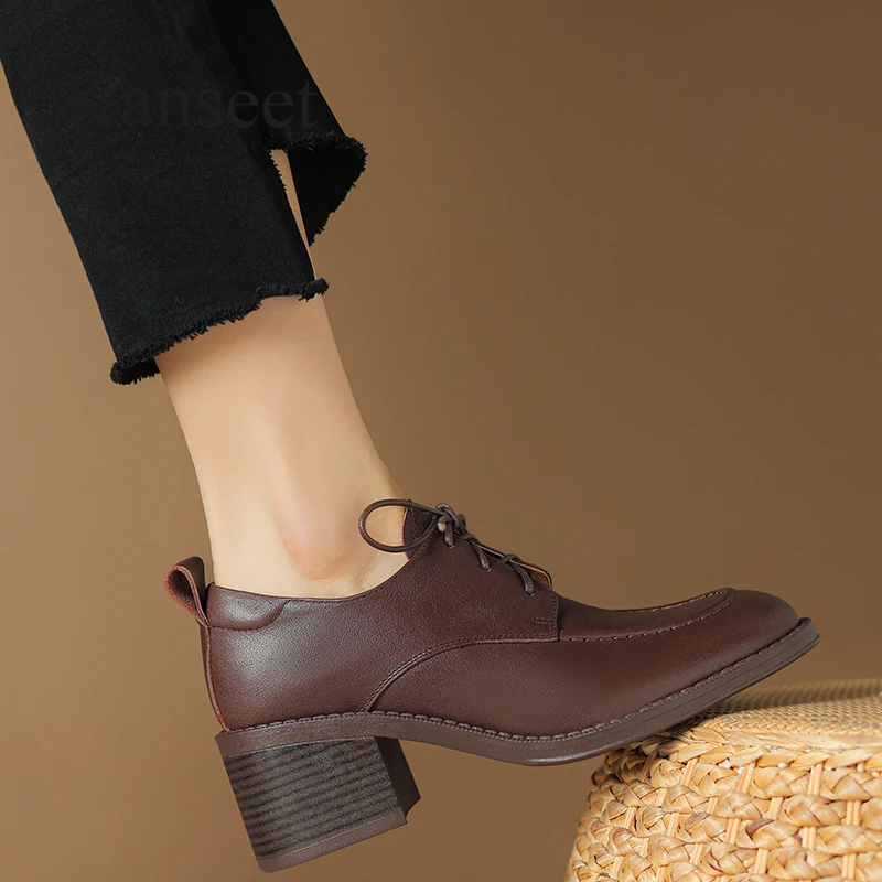 

Туфли Kanseet женские из натуральной кожи, выразительные повседневные туфли-лодочки ручной работы, на шнуровке, высокий каблук, с круглым носком, коричневые, 40, весна-осень