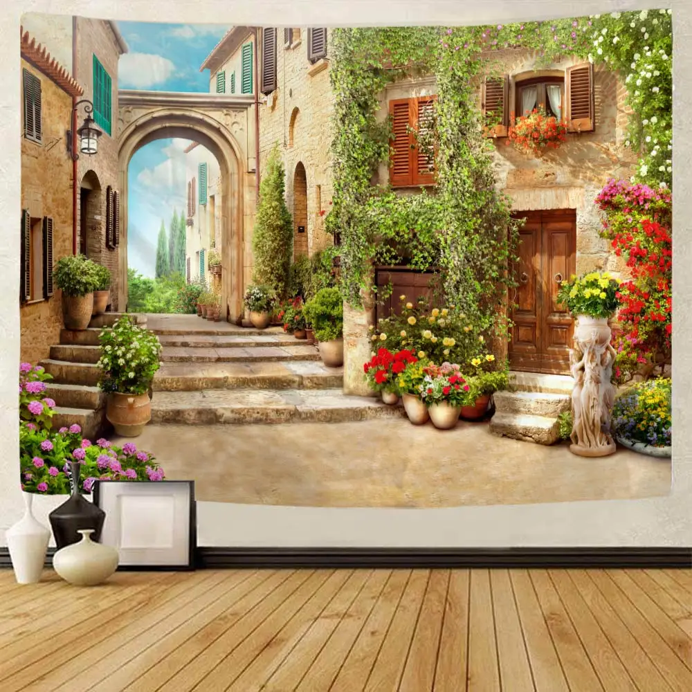 

Large printed tapestry retro town garden landscape wall hanging Bohemian home wall decorative living room art hanging cloth