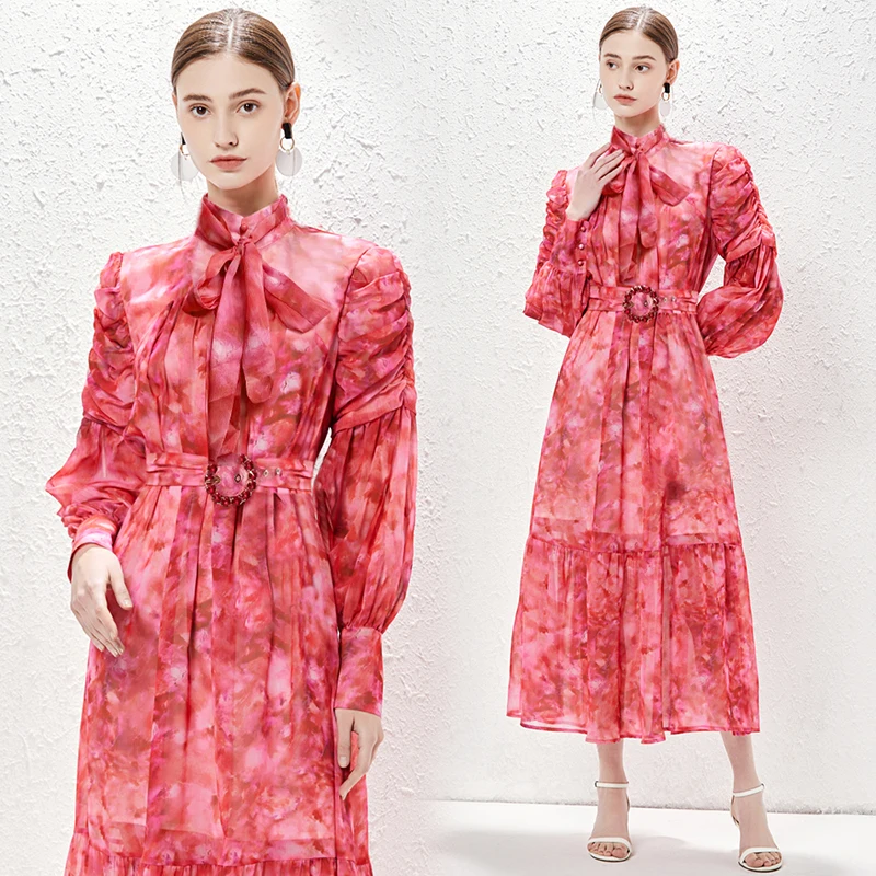 

Платье женское длинное с цветочным принтом, воротником-бантом и поясом