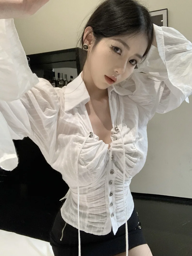 

White Blouse for Women Bandage Tunic Shirts 2023 Blusas Mujer De Moda Fashion Folds V-neck Flare Sleeve Summer Blouses Tops