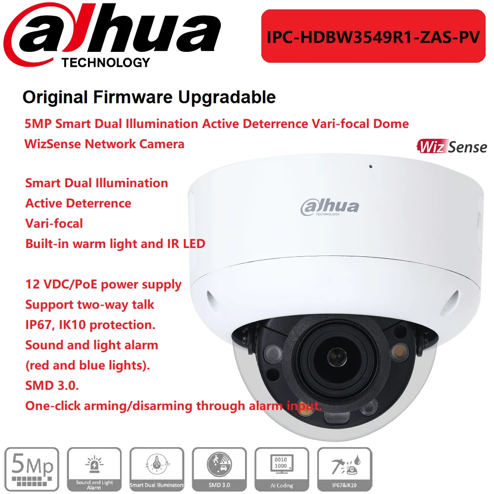 

IP Camera Dahua 5MP IPC-HDBW3549R1-ZAS-PV Smart Dual Illumination Active Deterrence Vari-focal Dome WizSense Network Cam