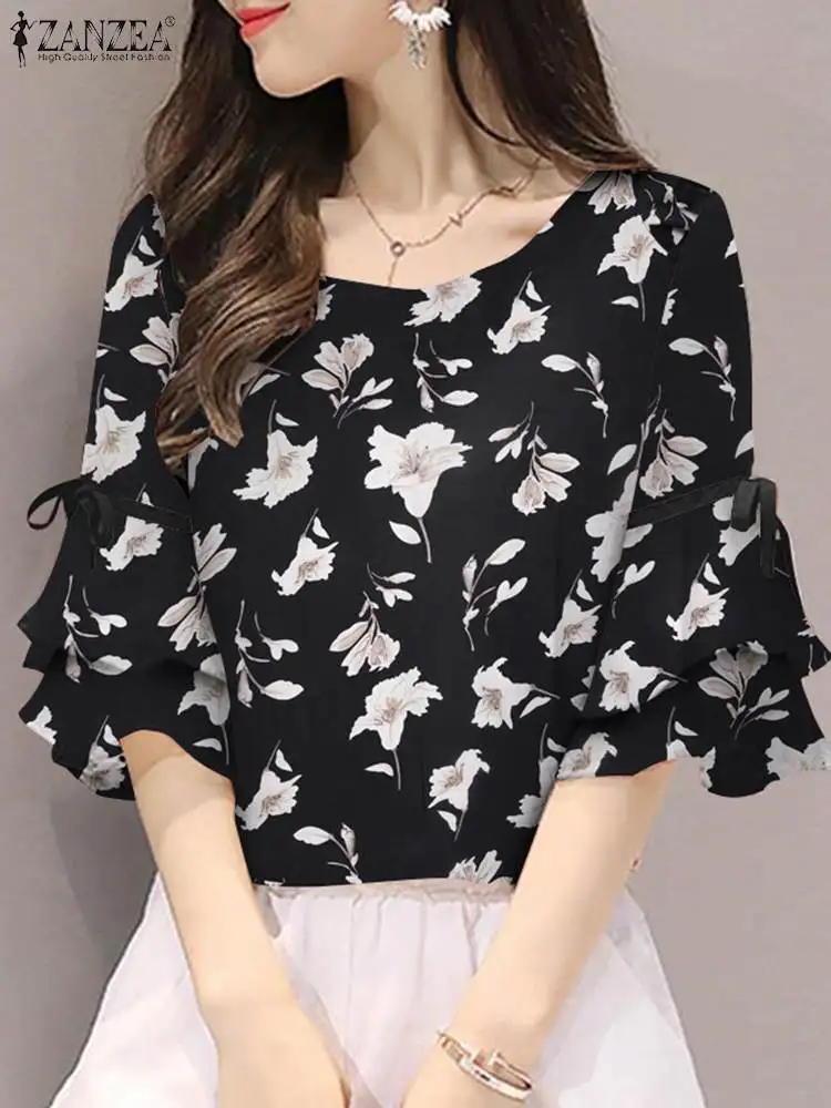

2023 ZANZEA Summer Spring Elegant Women Blouses OL Work Floral Printed Tops Shirts Lace-Up Oversized Tunic Flounce Sleeve Blusas