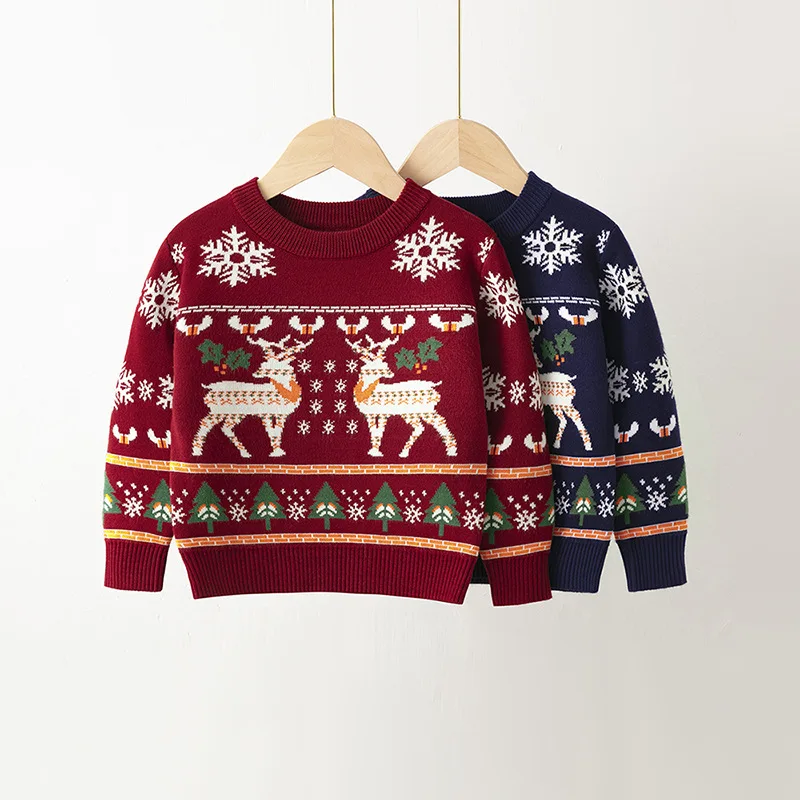 

Autumn Winter Children Christmas Elk Pullover Bottoming Sweater New Year's Clothes Warm Thick Casual O Neck Knitwear Xmas Look