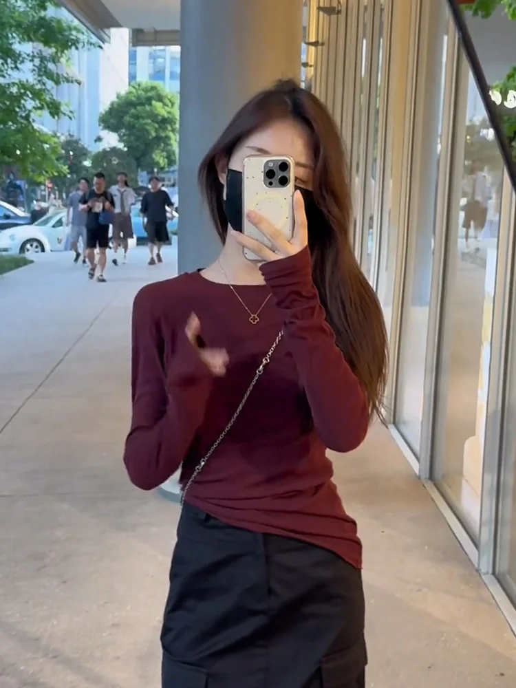 Корейская серия Wine Red Рубашка с длинными рукавами Женская весна и осень Slim fit Short