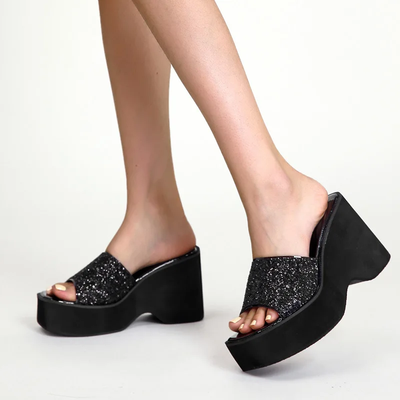 

2023 Summer Black Glitter Platform Slippers Open Toe Chunky Heeled Mules Shoes 10cm High Heels Wedges Sandals for Women Size 40